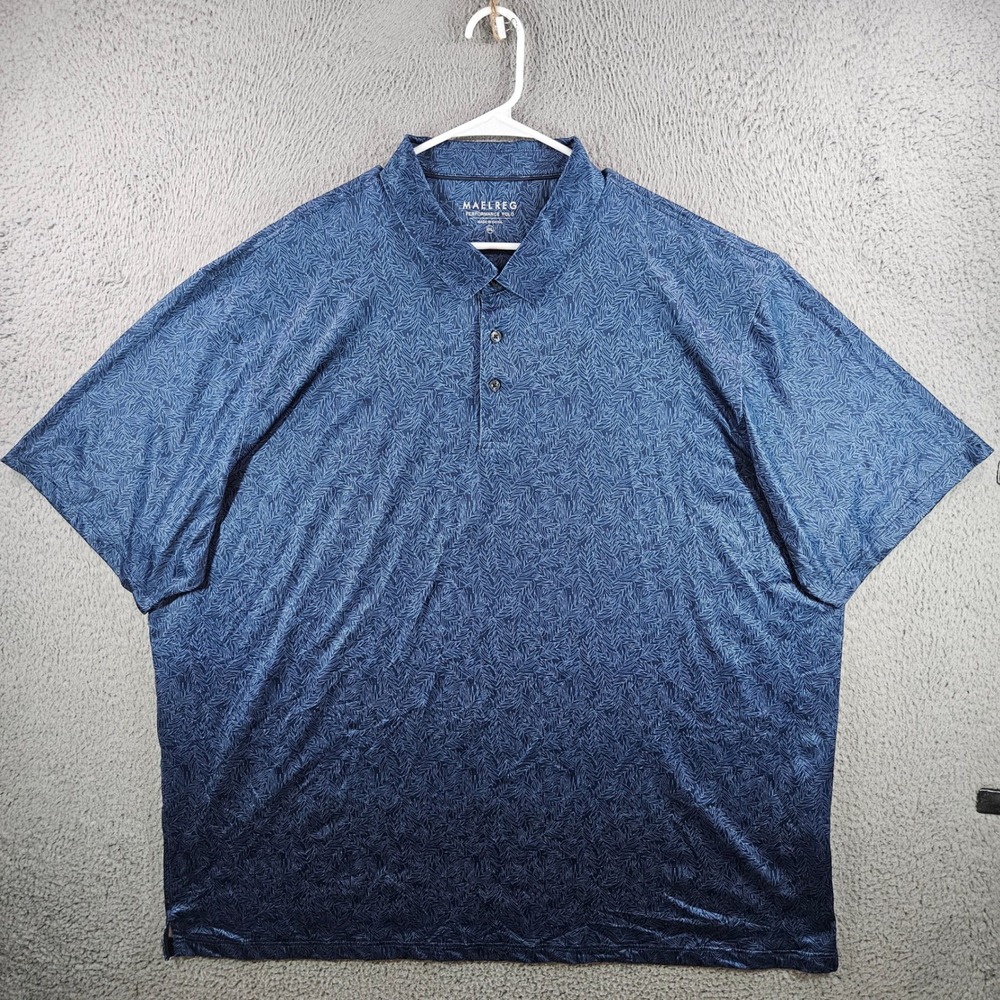 MAELREG Mens 4XL Performance Polo Shirt Blue Leaf Print Short Sleeve